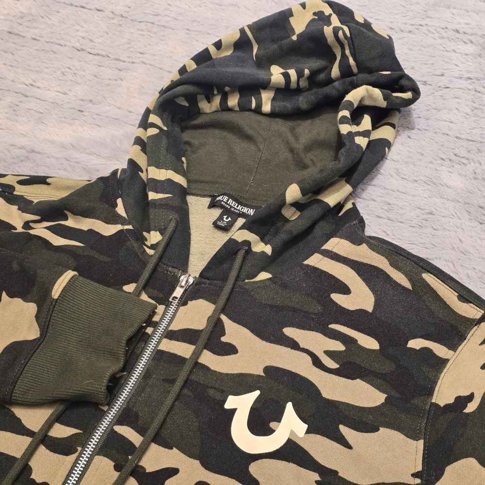 True Religion Mens Camo Buddha Logo Zip Up Hoodie Green Brown Large